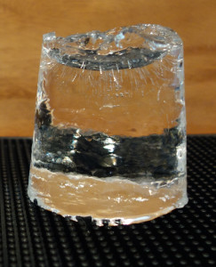 Clear ice plug ready to shape. Always allow the ice to ‘temper’ – let the surface warm to room temperature. The ice will then appear clear rather than frosty. Otherwise, it is more likely to fracture when you shape it.